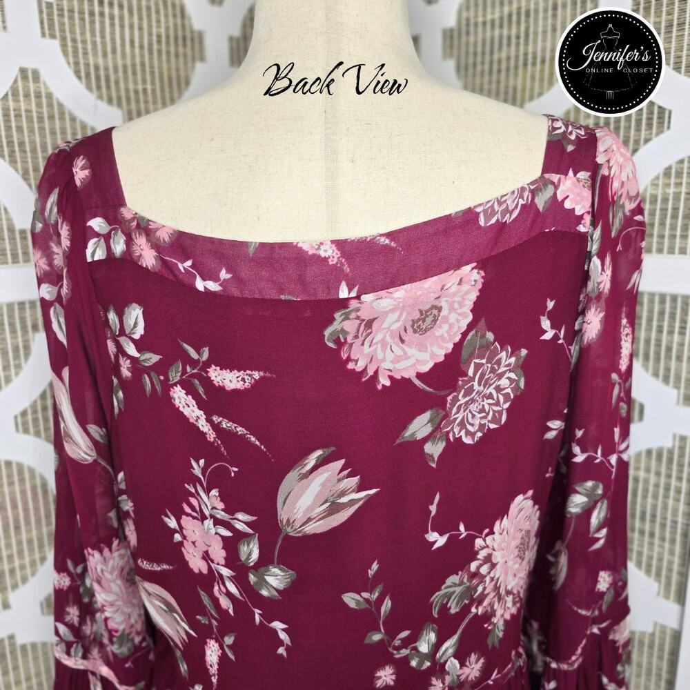 Anthropologie Evelin Maroon/Wine Floral Long Sleeve Chiffon Maxi Dress Size XL - Picture 11 of 16